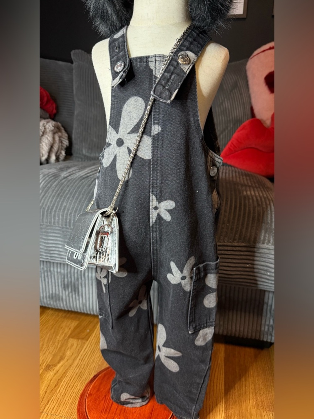 Kids Black Denim Floral Print Overalls 2-3Y